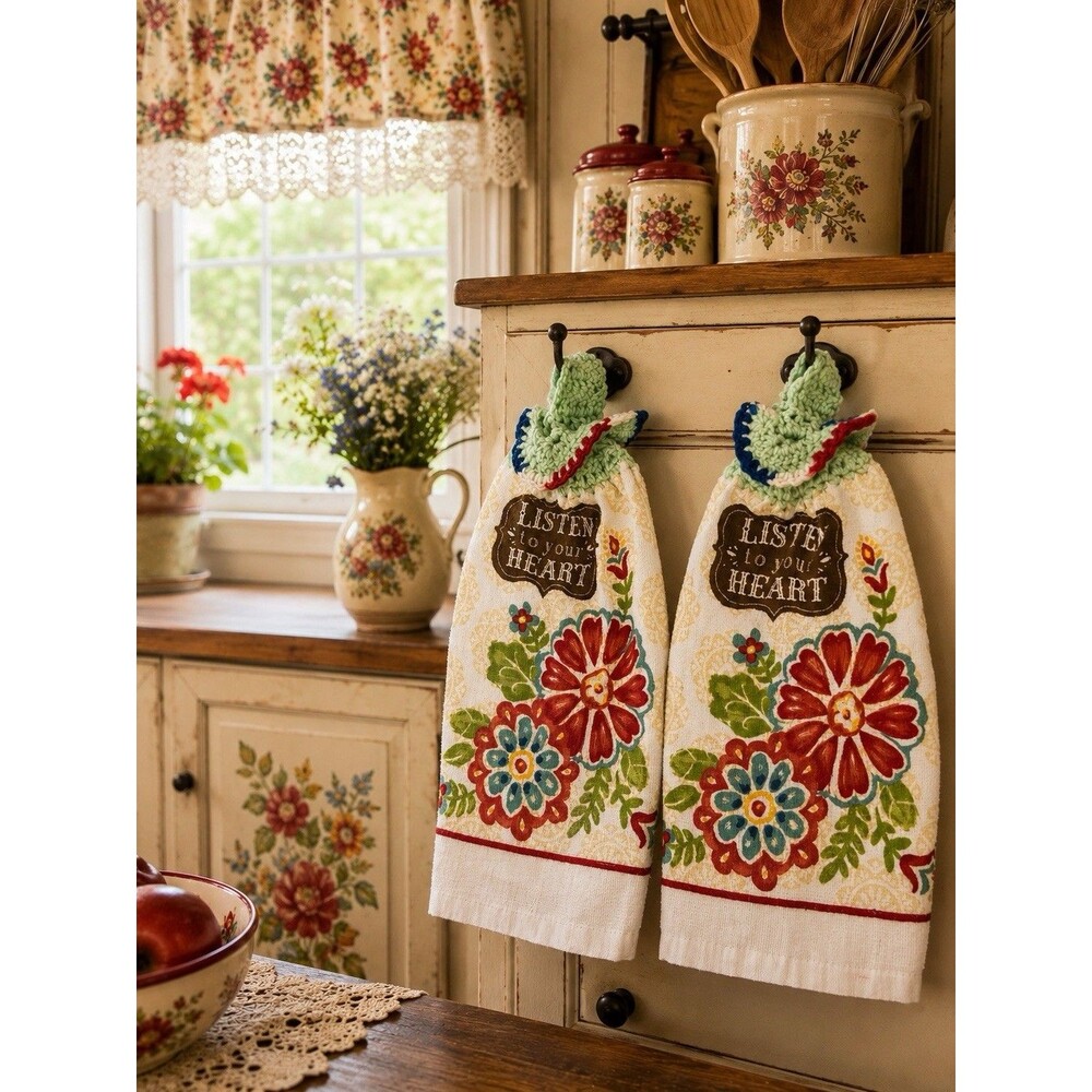 Set (2) Listen To Your Heart Floral Hanging Kitchen Towels Crochet Top Boho Home